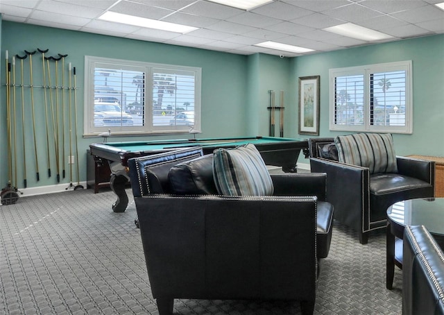 playroom with pool table, a drop ceiling, and carpet flooring