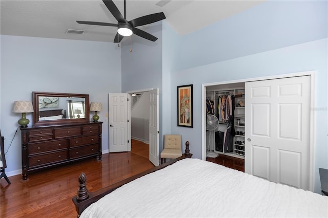 1412 Bent Oaks Blvd, Deland, FL 32724 - bedroom featuring a closet, wood finished floors, high vaulted ceiling, and ceiling fan