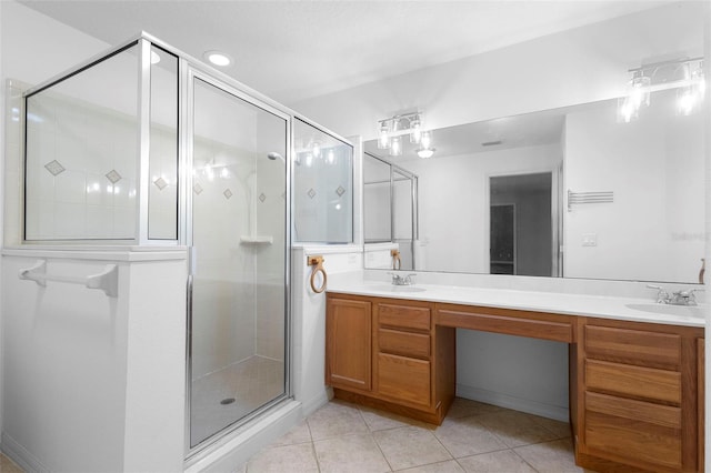 1120 W Glen Falls Rd, Deland, FL 32720 - full bathroom featuring a shower stall, tile patterned flooring, and double vanity