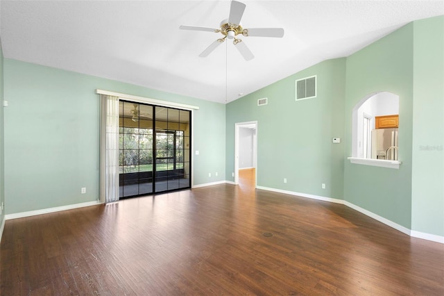 1120 W Glen Falls Rd, Deland, FL 32720 - unfurnished room featuring a ceiling fan, wood finished floors, baseboards, and high vaulted ceiling