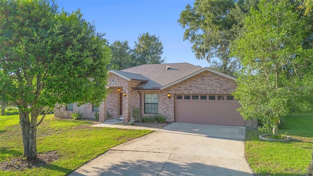 1120 W Glen Falls Rd, Deland, FL 32720 - view of front of property featuring a garage, a front yard, driveway, brick siding, and a shingled roof