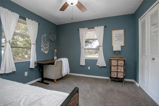 2842 English Dr, Deltona, FL 32738 - bedroom with multiple windows, carpet flooring, baseboards, and ceiling fan