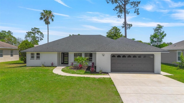 23 Forest Hill Dr, Palm Coast, FL 32137 - view of front of house featuring an attached garage, stucco siding, a front lawn, and roof with shingles