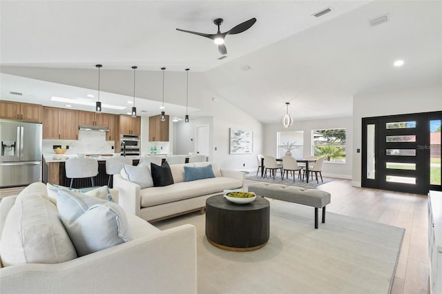 23 Forest Hill Dr, Palm Coast, FL 32137 - living area featuring ceiling fan, light wood-style floors, recessed lighting, and high vaulted ceiling