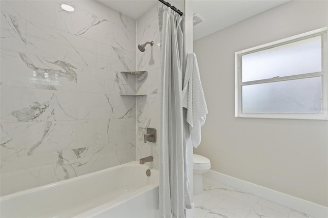 23 Forest Hill Dr, Palm Coast, FL 32137 - bathroom with baseboards, shower / bath combo, marble look tile flooring, and toilet