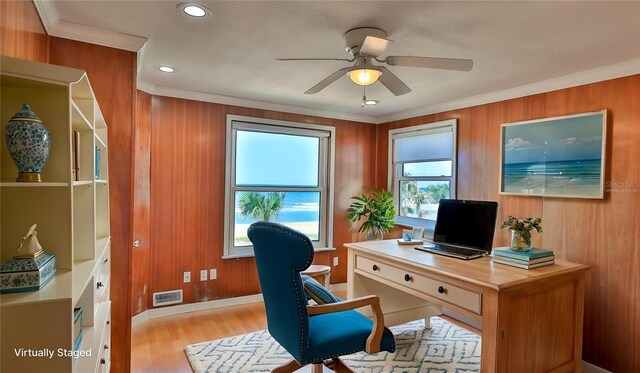 8 Ocean Dunes Dr, Ormond Beach, FL 32176 - office area featuring crown molding, wood finished floors, a ceiling fan, baseboards, and recessed lighting