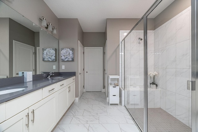 3026 Adrian Dr, Ormond Beach, FL 32174 - bathroom featuring marble look tiles, double vanity, and a shower stall