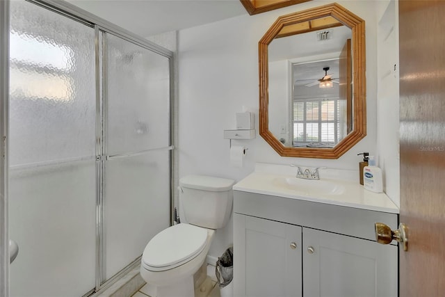953 Tulip St, Deltona, FL 32725 - full bathroom featuring a stall shower, a ceiling fan, toilet, and vanity