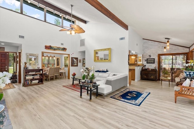 96 Hollow Branch Xing, Ormond Beach, FL 32174 - living area with high vaulted ceiling, light wood-style flooring, a ceiling fan, and beam ceiling