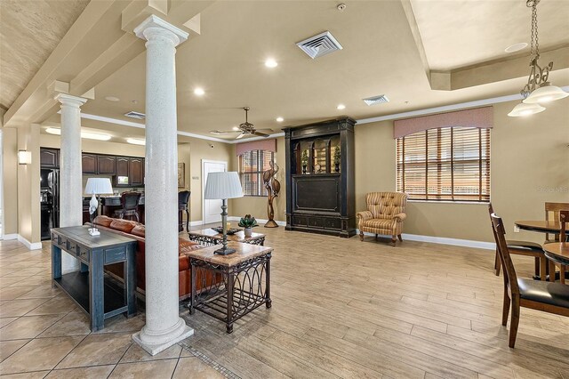 2901 S Atlantic Ave Unit 401, Daytona Beach Shores, FL 32118 - living room with decorative columns, baseboards, crown molding, a ceiling fan, and recessed lighting
