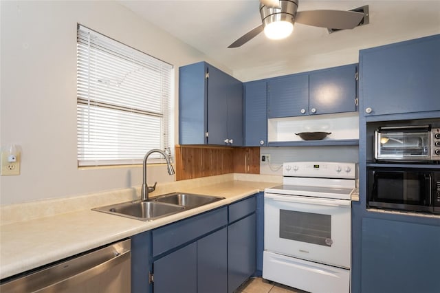 1284 Vanderbilt Dr, Ormond Beach, FL 32174 - kitchen featuring white electric stove, black microwave, blue cabinetry, and stainless steel dishwasher