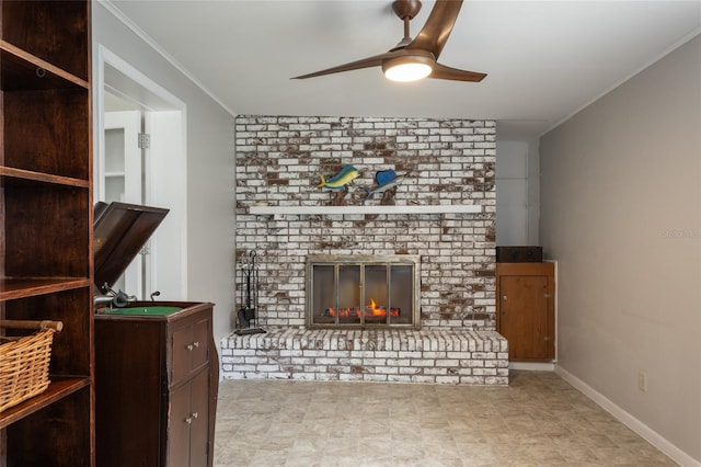 1284 Vanderbilt Dr, Ormond Beach, FL 32174 - unfurnished living room featuring ceiling fan, crown molding, a fireplace, baseboards, and a sink