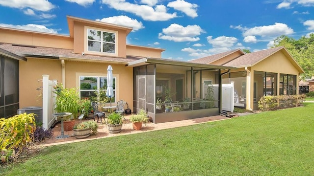 302 Tammie Sue Ln, Deland, FL 32724 - rear view of house with a sunroom, stucco siding, a yard, a shingled roof, and cooling unit