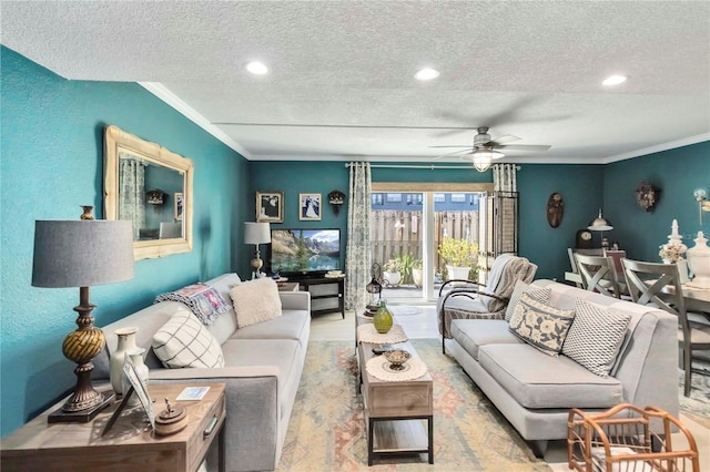 625 N Halifax Ave Unit 11, Daytona Beach, FL 32118 - living room with a textured ceiling, ceiling fan, ornamental molding, recessed lighting, and wood finished floors