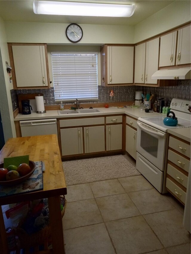 1640 Juno Trl Unit 103F, Astor, FL 32102 - kitchen featuring white range with electric cooktop, dishwashing machine, under cabinet range hood, and backsplash