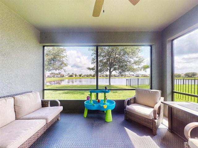 2919 Sime St, New Smyrna Beach, FL 32168 - sunroom with a ceiling fan, a water view, and plenty of natural light