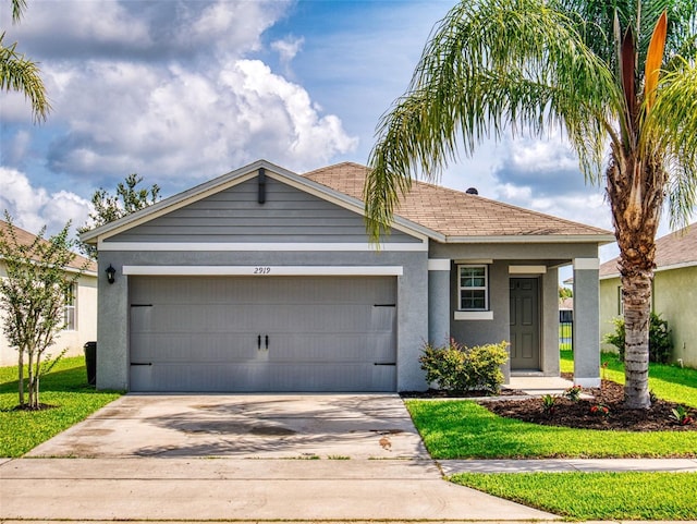 2919 Sime St, New Smyrna Beach, FL 32168 - ranch-style house featuring stucco siding, an attached garage, concrete driveway, and a front yard