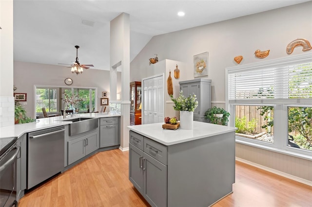1637 Bent Oaks Blvd, Deland, FL 32724 - kitchen with appliances with stainless steel finishes, gray cabinets, a sink, lofted ceiling, and light wood-type flooring