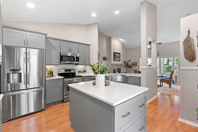 1637 Bent Oaks Blvd, Deland, FL 32724 - kitchen featuring stainless steel appliances, gray cabinets, a sink, light countertops, and recessed lighting