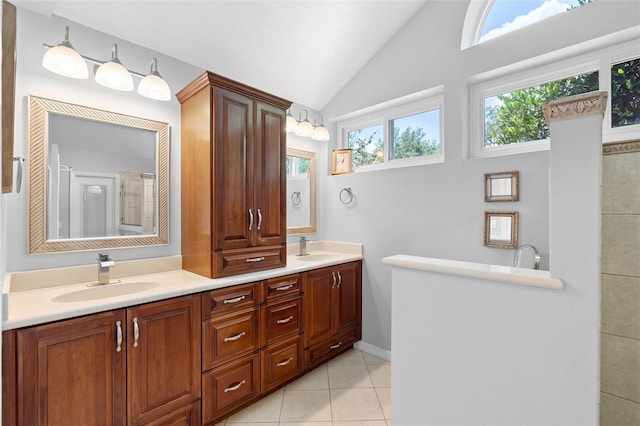 1637 Bent Oaks Blvd, Deland, FL 32724 - full bathroom with double vanity, lofted ceiling, tile patterned flooring, a shower, and baseboards