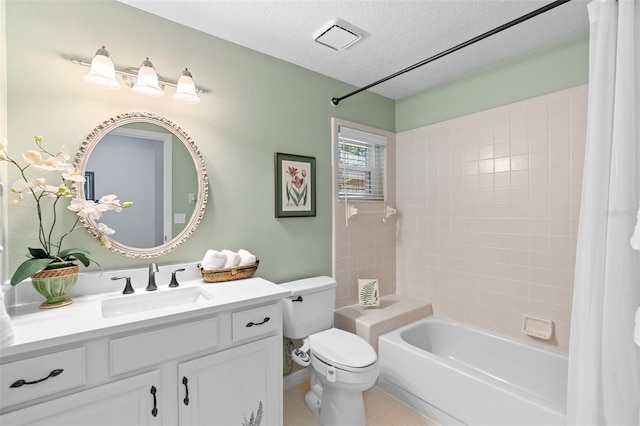 1637 Bent Oaks Blvd, Deland, FL 32724 - full bath featuring vanity, shower / bath combination with curtain, toilet, a textured ceiling, and tile patterned floors