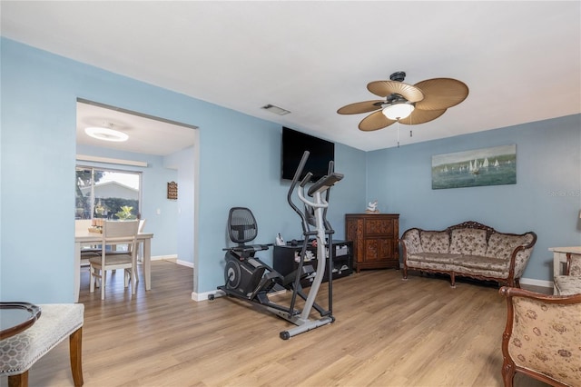5 Greenfern Cir, Ormond Beach, FL 32174 - workout area featuring light wood-style floors, a ceiling fan, and baseboards