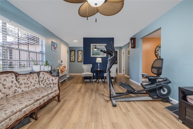 5 Greenfern Cir, Ormond Beach, FL 32174 - workout room featuring wood finished floors, ceiling fan, and healthy amount of natural light