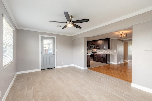 1032 Bel Aire Dr, Daytona Beach, FL 32118 - unfurnished living room with ceiling fan, light wood-style flooring, baseboards, and ornamental molding