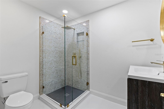 604 Springdale Dr, Flagler Beach, FL 32136 - full bathroom featuring toilet, a stall shower, vanity, and baseboards