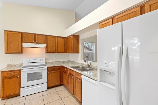 910 Sheeler Oaks Dr, Apopka, FL 32703 - kitchen featuring white appliances, under cabinet range hood, a sink, brown cabinetry, and high vaulted ceiling
