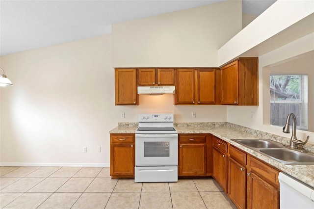 910 Sheeler Oaks Dr, Apopka, FL 32703 - kitchen featuring white appliances, a sink, under cabinet range hood, brown cabinets, and lofted ceiling