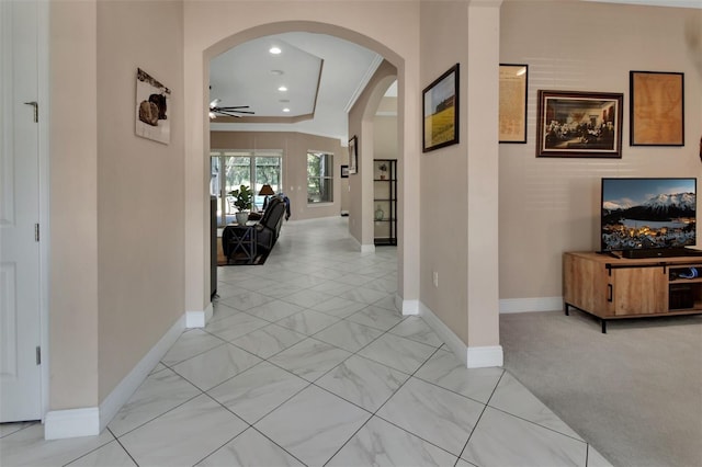 171 Birchmont Dr, Deland, FL 32724 - corridor featuring arched walkways, baseboards, ornamental molding, and recessed lighting
