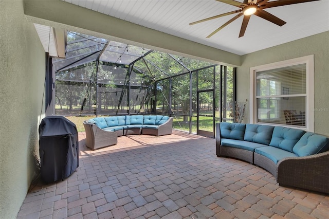 171 Birchmont Dr, Deland, FL 32724 - view of patio / terrace featuring outdoor lounge area, ceiling fan, glass enclosure, and grilling area