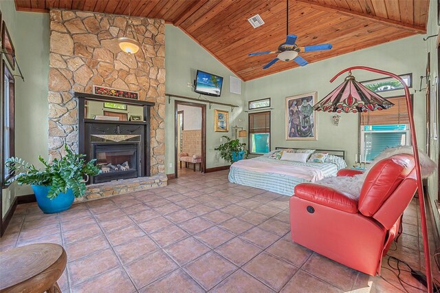 61 E Bayshore Dr, Port Orange, FL 32127 - living room featuring wood ceiling, ceiling fan, a fireplace, high vaulted ceiling, and baseboards