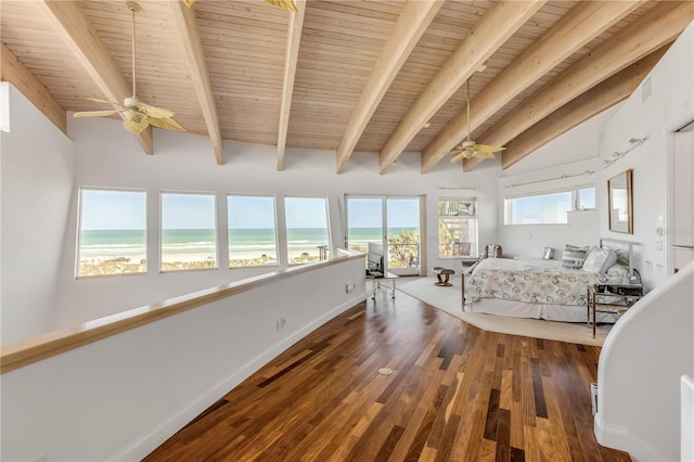 1209 N Atlantic Ave, New Smyrna Beach, FL 32169 - bedroom with wood ceiling, wood finished floors, a water view, and baseboards