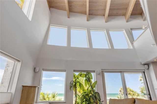 1209 N Atlantic Ave, New Smyrna Beach, FL 32169 - detailed view of wood ceiling with exposed beams and a large body of water