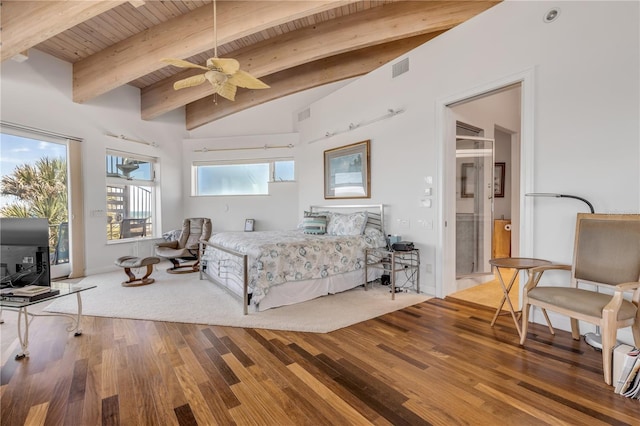 1209 N Atlantic Ave, New Smyrna Beach, FL 32169 - bedroom with access to exterior, wood finished floors, wood ceiling, and connected bathroom