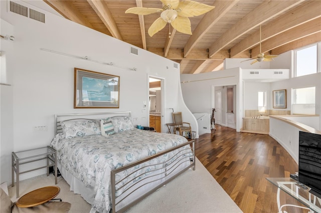 1209 N Atlantic Ave, New Smyrna Beach, FL 32169 - bedroom featuring wooden ceiling with exposed beams, wood finished floors, high vaulted ceiling, connected bathroom, and a ceiling fan