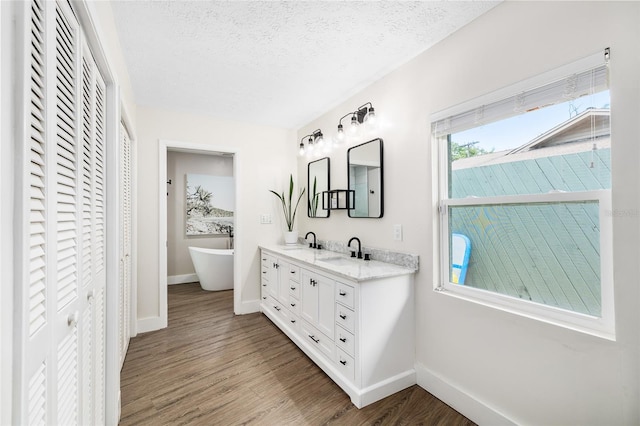 4301 Hudson Ln, Tampa, FL 33618 - bathroom featuring a closet, double vanity, baseboards, a freestanding tub, and wood finished floors