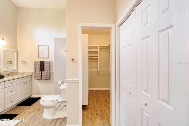 706 Fox Tail Ct, New Smyrna Beach, FL 32168 - bathroom with vanity, wood finished floors, toilet, and baseboards