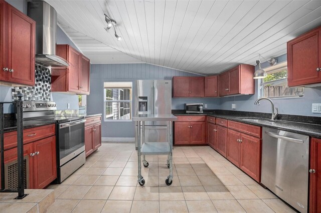 45 S University Cir, Deland, FL 32724 - kitchen featuring stainless steel appliances, wall chimney range hood, a sink, vaulted ceiling, and healthy amount of natural light
