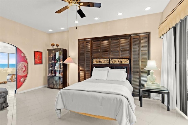 915 Ocean Shore Blvd Unit 8010, Ormond Beach, FL 32176 - bedroom with baseboards, recessed lighting, tile patterned flooring, and a ceiling fan