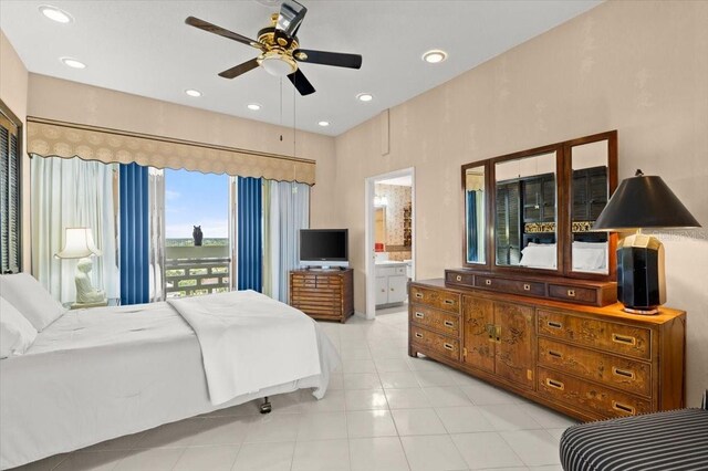 915 Ocean Shore Blvd Unit 8010, Ormond Beach, FL 32176 - bedroom featuring light tile patterned floors, access to exterior, recessed lighting, connected bathroom, and a ceiling fan