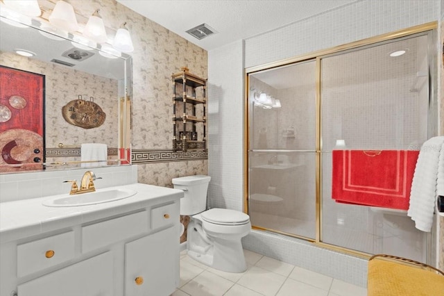 915 Ocean Shore Blvd Unit 8010, Ormond Beach, FL 32176 - full bathroom featuring wallpapered walls, tile patterned flooring, vanity, toilet, and a stall shower