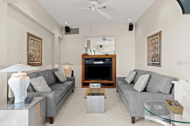 915 Ocean Shore Blvd Unit 8010, Ormond Beach, FL 32176 - living room featuring a ceiling fan, carpet, and recessed lighting