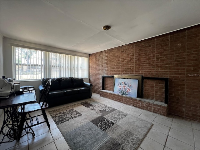 601 Berkshire Rd, Daytona Beach, FL 32114 - living area featuring tile patterned flooring, a fireplace, and brick wall