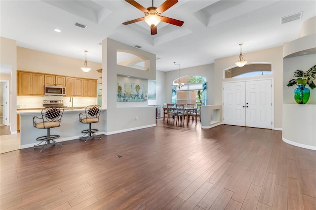 1910 Creekwater Blvd, Port Orange, FL 32128 - foyer featuring coffered ceiling, a ceiling fan, wood finished floors, baseboards, and recessed lighting