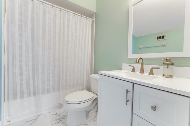 1910 Creekwater Blvd, Port Orange, FL 32128 - bathroom featuring vanity, toilet, marble finish floors, and shower / tub combo with curtain
