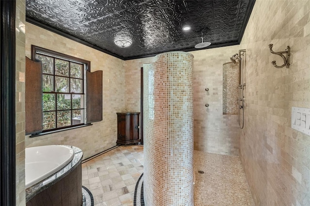 5366 N Lake Farms Rd, De Leon Springs, FL 32130 - bathroom with an ornate ceiling, tiled shower, a bath, and crown molding