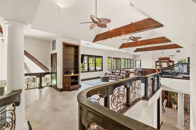 5366 N Lake Farms Rd, De Leon Springs, FL 32130 - living area featuring ceiling fan, ornate columns, light tile patterned floors, and recessed lighting